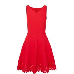 Alaia Ruby Red Stretch Knit Laser Cut Hem Detail Flared Mini